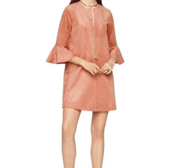 BCBGMaxAzria Dresses & Skirts - BCBGMAXAZRIA Faux Suede Cartier Dress Shift Ruffled Bell Sleeves Sz M Clay Pink